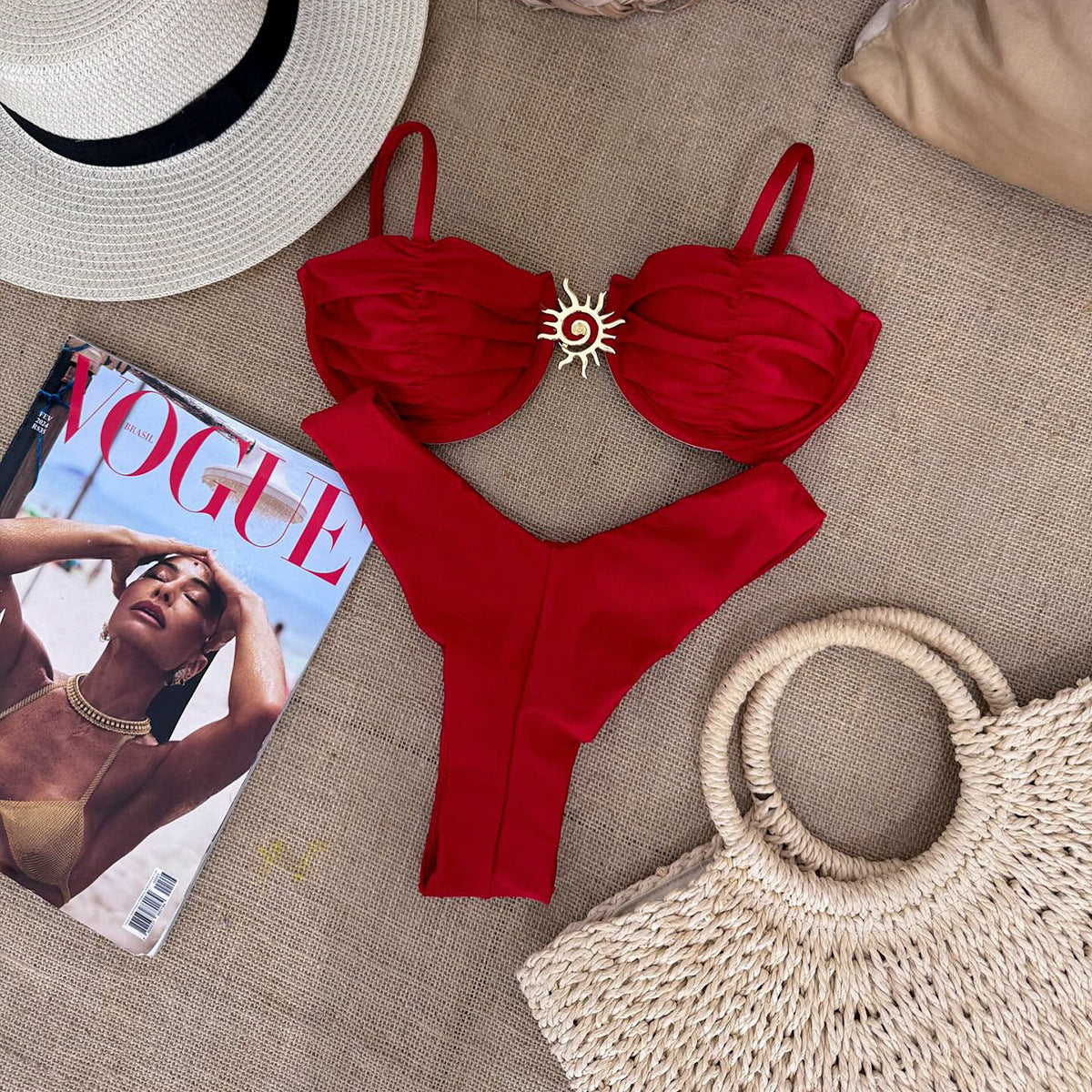 Red Steel Bracket Push up Bikini Swimsuit