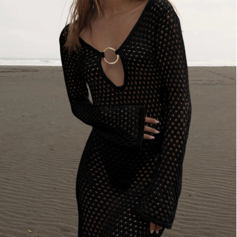 Holiday Front Long Hollow Out Cutout Metal Buckle V neck Long Sleeve Dress Beach Sun Protection Backless Smock Dress
