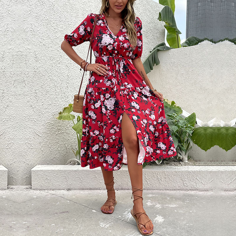 Summer Women Wear Printed V neck Split Dress for Women