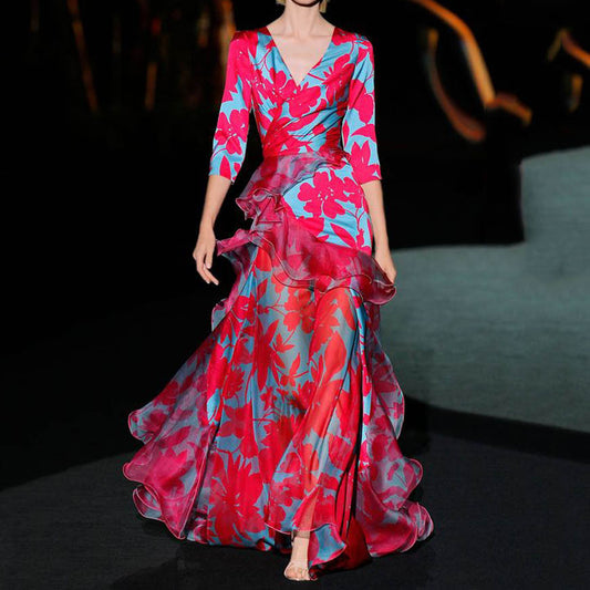 Dress Women Clothing Printed Maple Leaf Slim Multi Layer V neck Dress