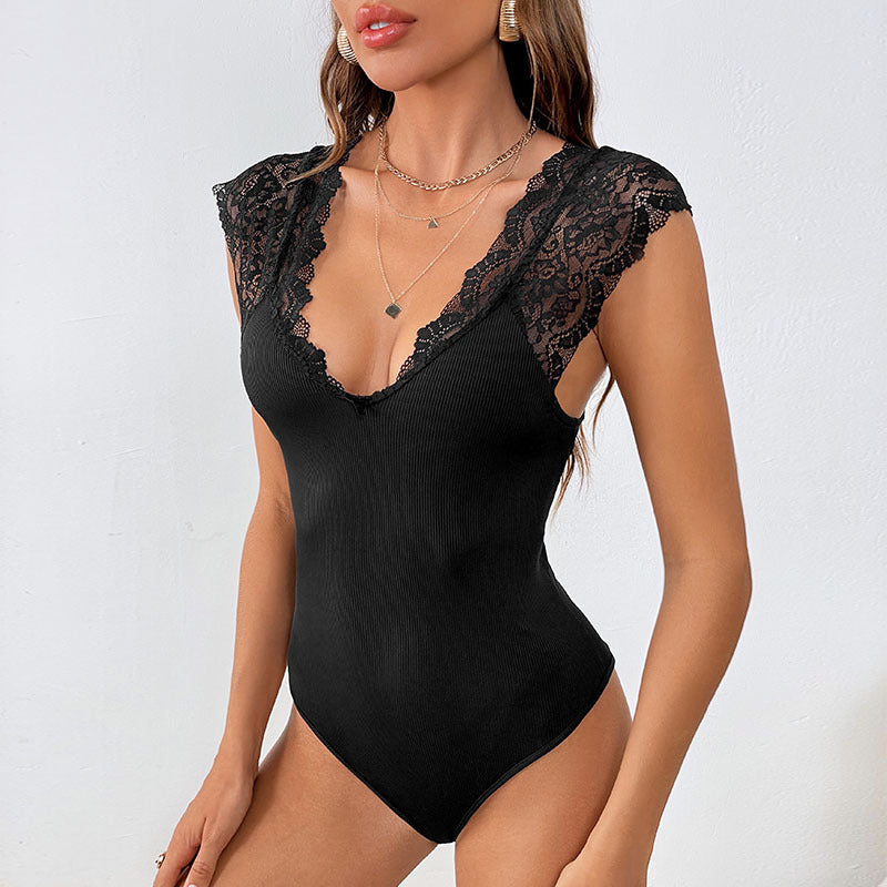Lace Stitching Large V Neck Jumpsuit Sexy Integrated Cloth Summer Sexy Slim Top