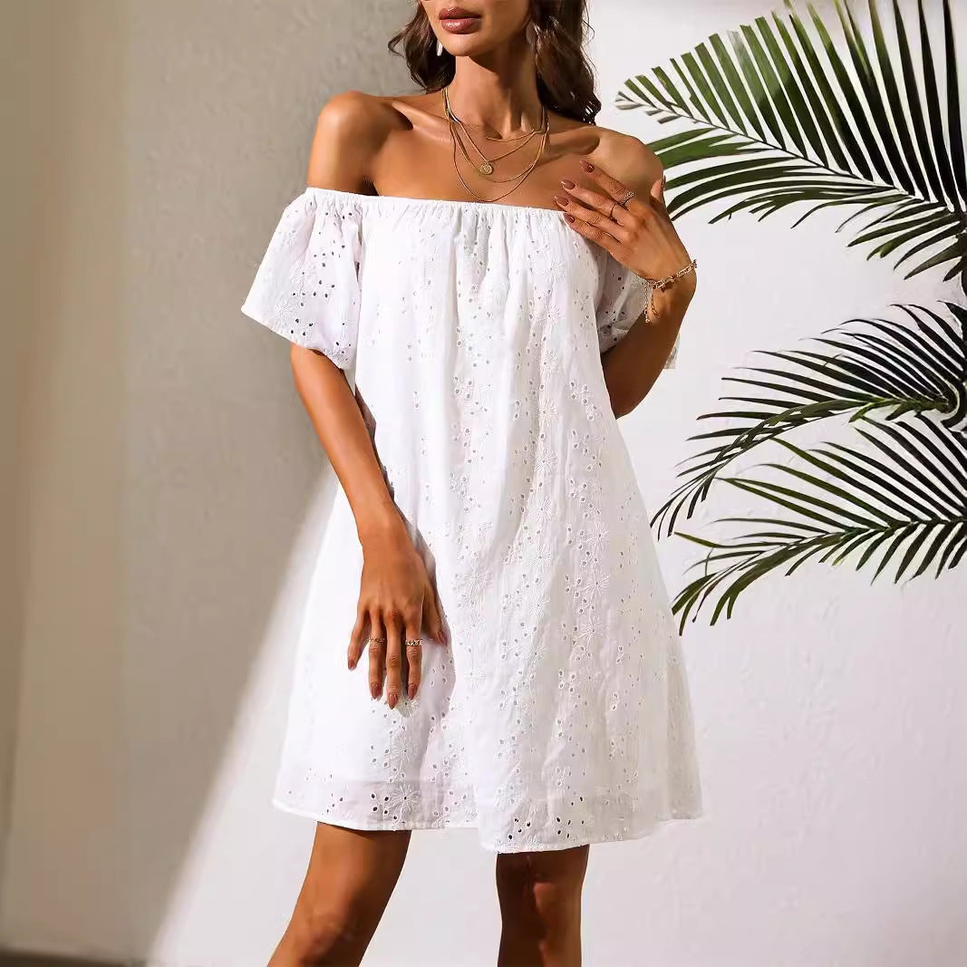 Women Clothing White Off The Shoulder Clothes Eyelet Embroidery No Belt Dress