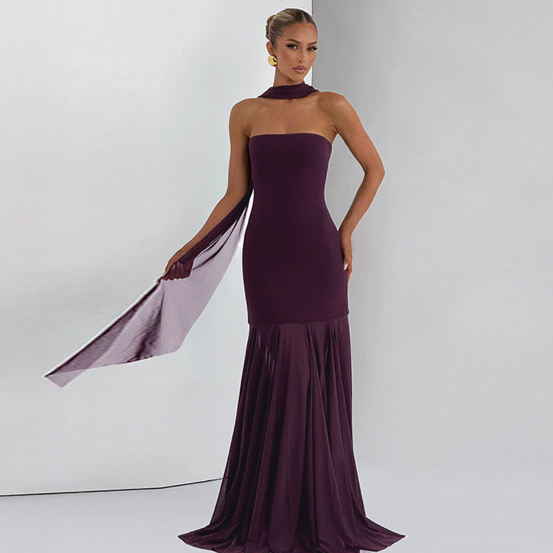 Vestido largo de noche con parte superior de tubo y costuras de malla sexy para mujer Otoño Invierno