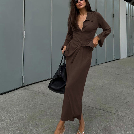 Women Collared Flared Sleeve Cardigan Top Hip Skirt Two Piece Set