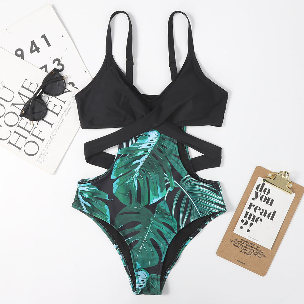 Traje de baño de una pieza con estampado floral en forma de hoja, con cordones y un bikini triangular sexy para mujer.