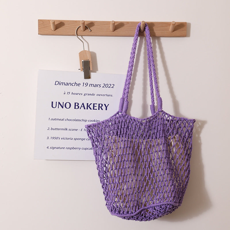 Bolso tejido de algodón coreano sencillo, bolso de hombro de paja de malla de gran capacidad, bolso de nicho hecho a mano para mujer, bolso informal para vacaciones en la playa.