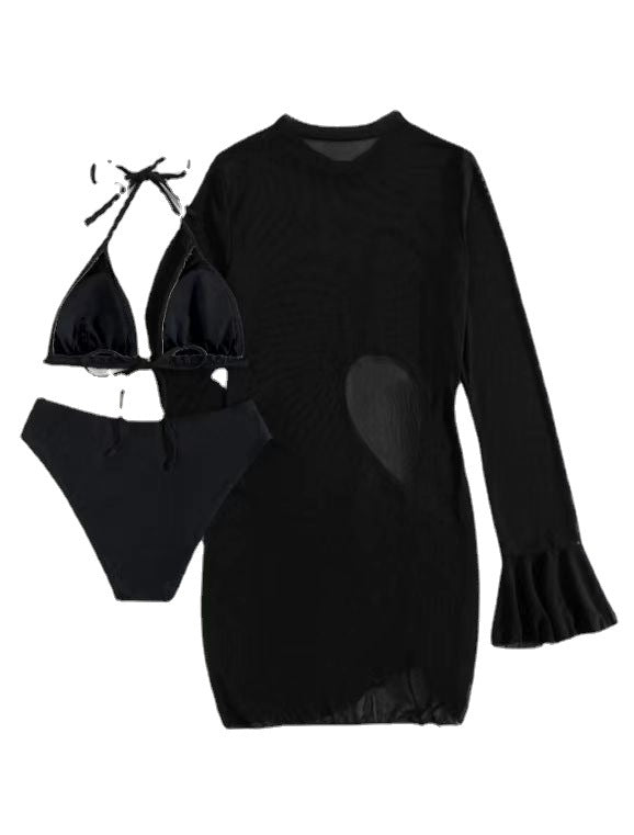 Traje de baño de tres piezas para mujer, bikini sexy de color liso, blusa adelgazante, traje de baño