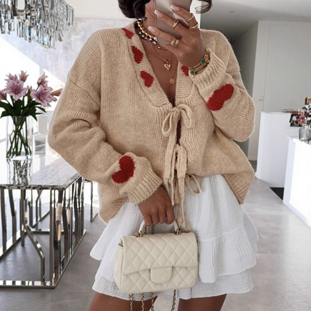 Outer Wear Stitching Sweater Coat Lace up Love Jacquard Knitted Cardigan Women