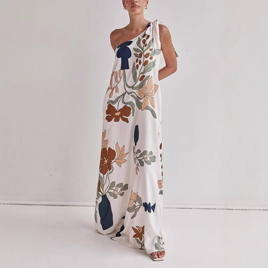 Vestido informal holgado con bolsillos y estampado de hombros oblicuos para vacaciones de primavera y verano