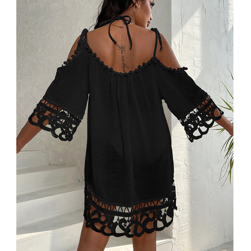 Blusa de traje de baño con encaje recortado y tirantes al hombro, sexy, de color liso, holgada, informal, para vacaciones en la playa y protección solar