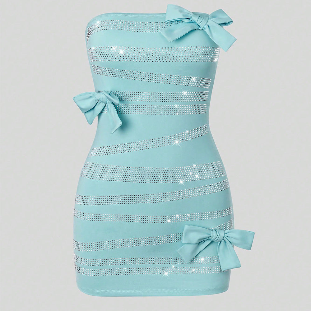 Vestido tubo popular con hombros descubiertos, mariposa y diamantes de imitación, vestido de seda color leche.