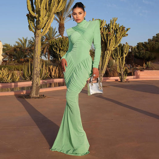 Fall Women Clothing Solid Color Turtleneck Backless Stitching Pleated Slim Fit Dress