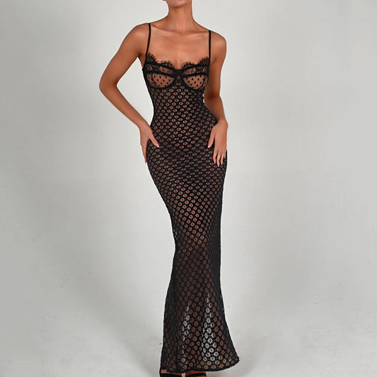 Robe moulante sexy à bretelles et dos nu en dentelle, robe fendue à pois, automne