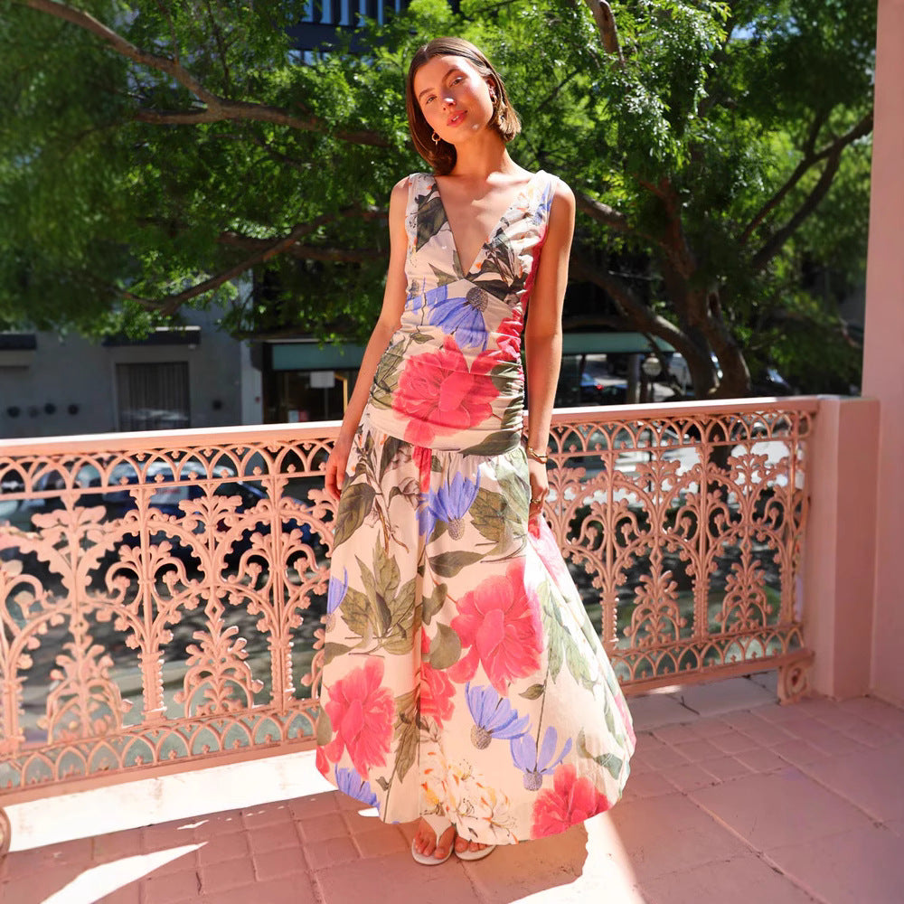 Summer Printed Strap Dress Sexy V neck Dress