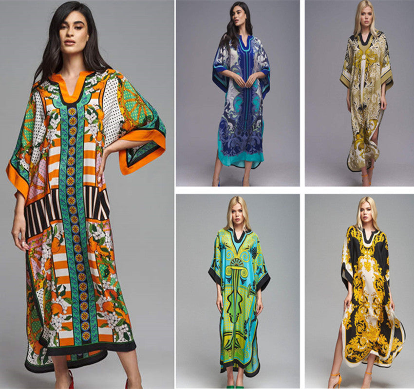 Positioning Printing Ethnic Beach Cover up Loose Robe Sun Protection Shirt Beach Cover Up