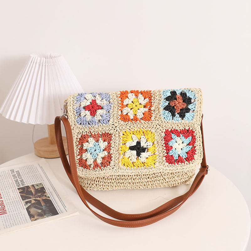 Sources Grandma Plaid Crossbody Straw Bag Contrast Color One Shoulder Straw Bag Woven Bag Women Beach Bag