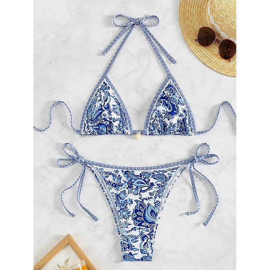 Maillot de bain bikini sexy à lacets et imprimé pour femme