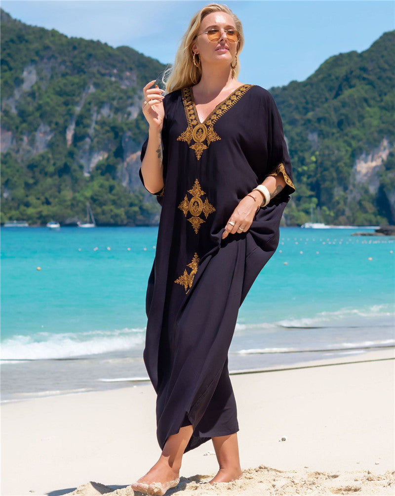Rayon Gold Thread Embroidery Beach Cover up Sexy Loose Embroidery Vacation Skirt Beach Cover Up