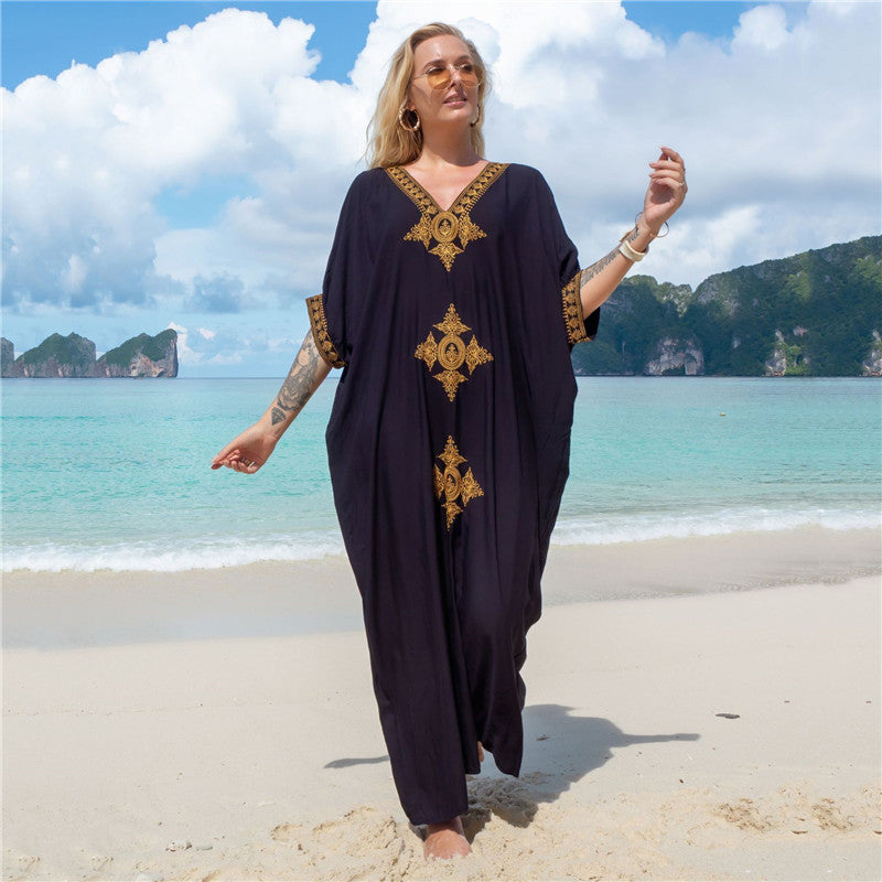 Rayon Gold Thread Embroidery Beach Cover up Sexy Loose Embroidery Vacation Skirt Beach Cover Up