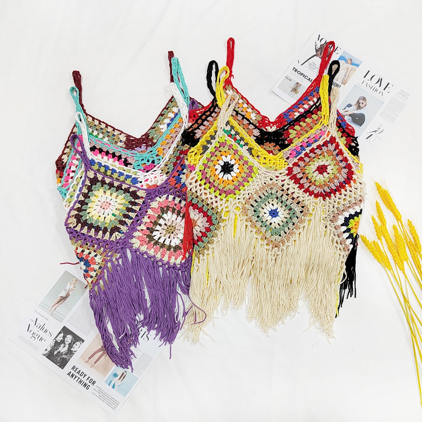 Women Clothing Women Top Pure Hand Crocheting Random Mixed Color Stitching Camisole Tassel Shirt Crochet