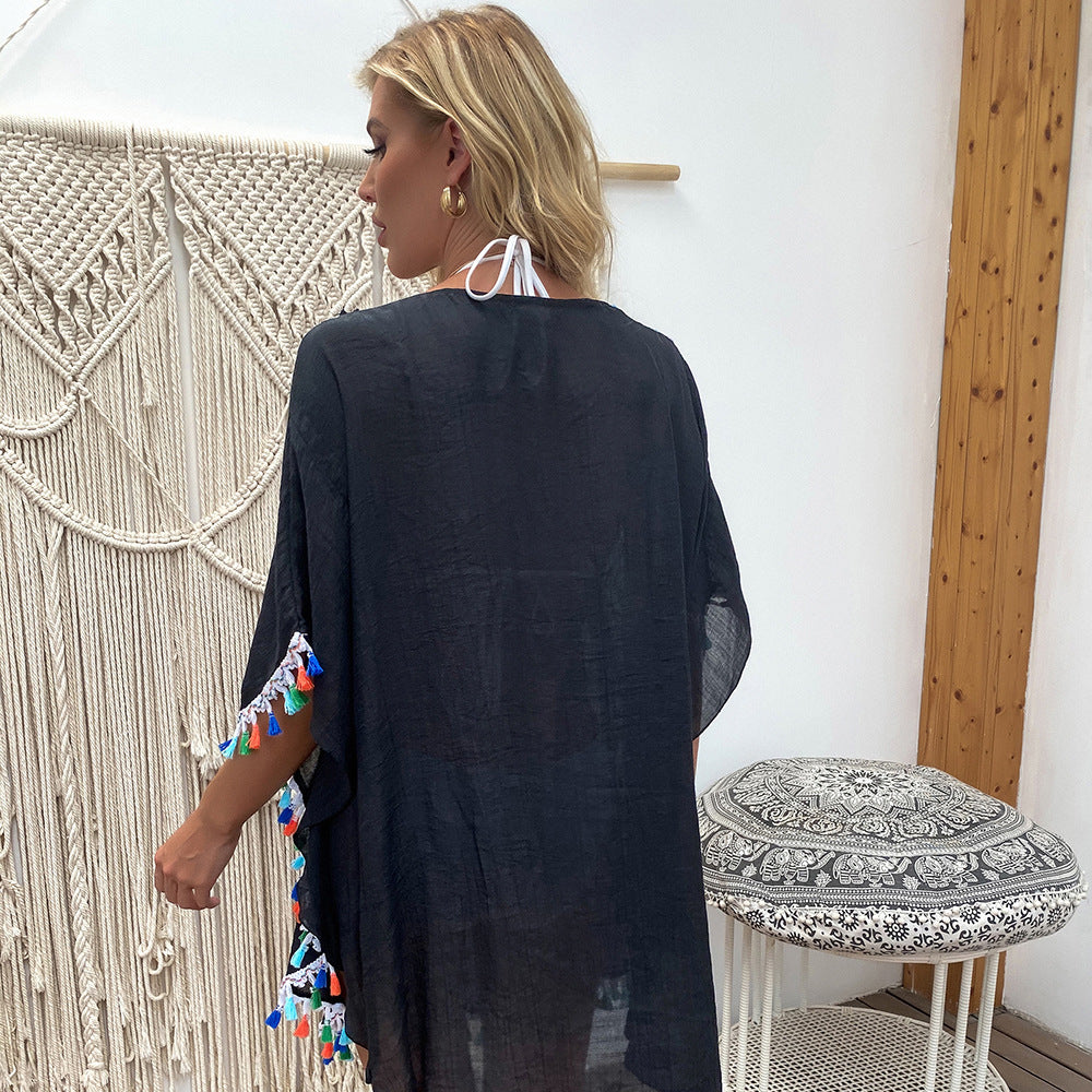 Solid Color V neck Hand Crocheting Stitching Overclothes Sexy Cutout Loose Beach Cover up Dress