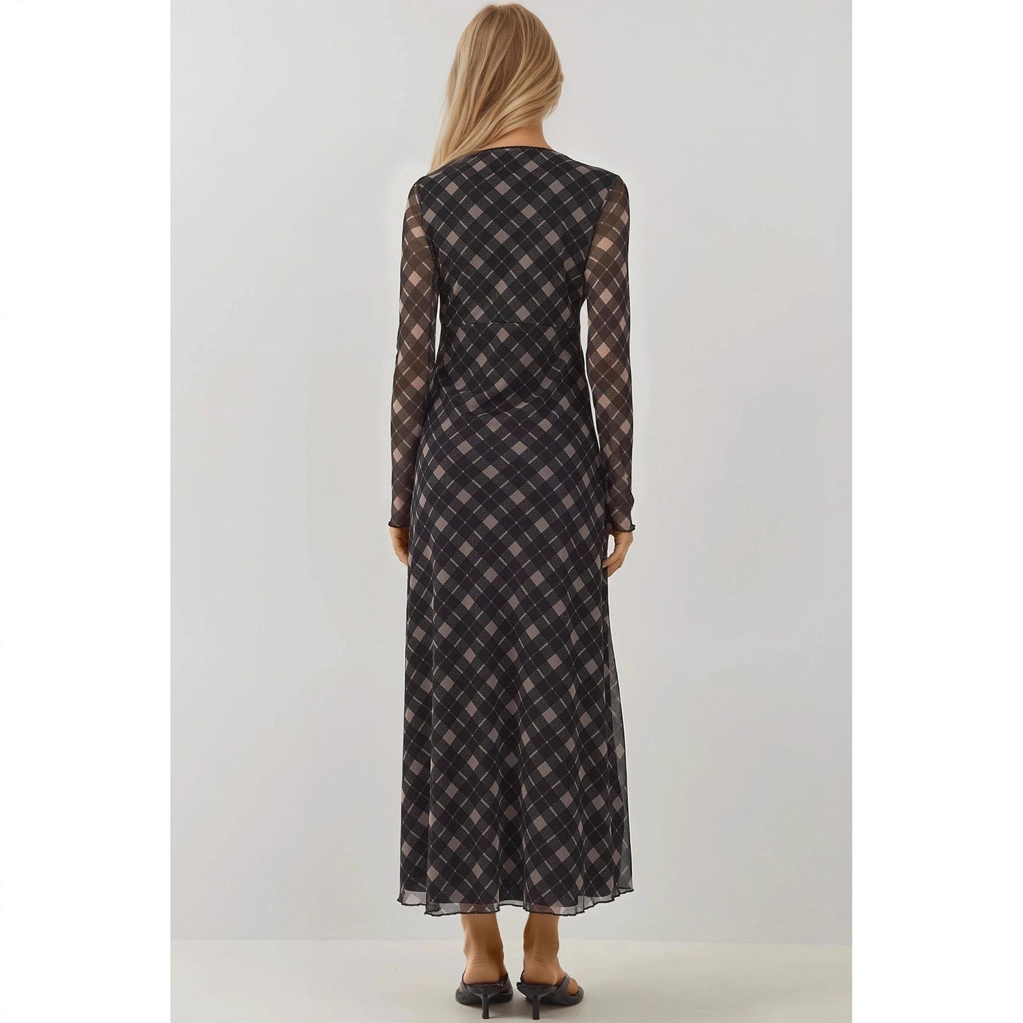 Autumn Retro V neck Lace up Plaid Elegant Graceful Slim Dress Rogan