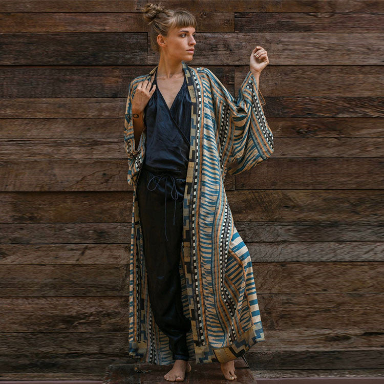 Rayon Positioning Printed Sexy Cardigan with Belt Beach Cover-up Vacation Skirt Beach Cover Up