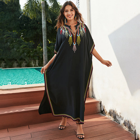 Rayon Embroidered Beach Blouse Robe Loose Embroidered Holiday Dress Beach Cover Up