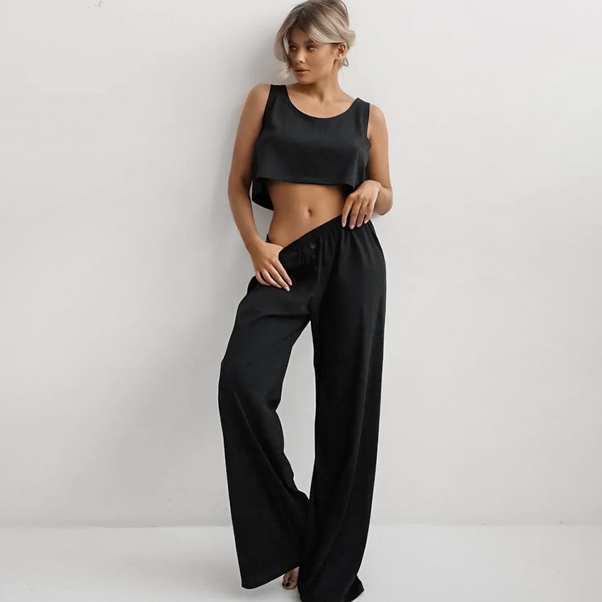 Conjunto de dos piezas de pijama de punto para mujer, chaleco sin mangas y pantalones, para el hogar, primavera y verano