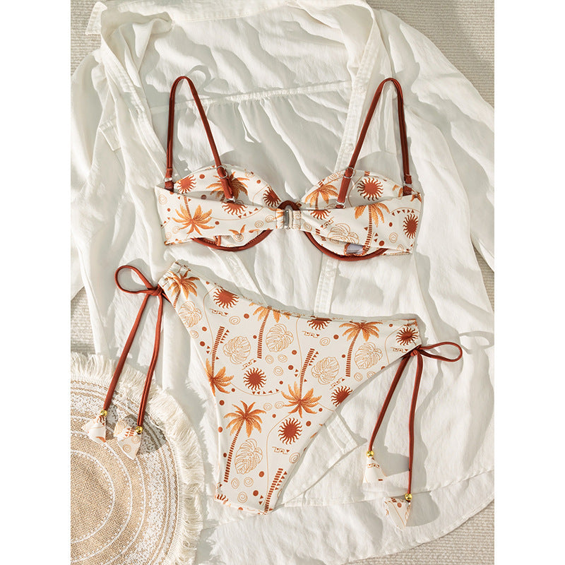 Traje de baño dividido con estampado de coco para mujer, bikini sexy con cordones, traje de baño de playa de primavera