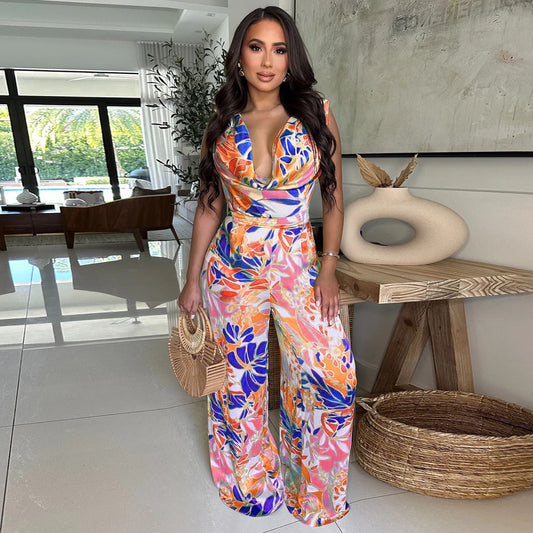 Women Wear Sleeveless Lace up Wide Leg Printed Jumpsuit