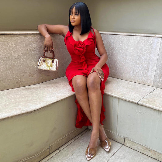 Vestido asimétrico irregular con tirantes y decoración floral sin mangas sexy de color liso para mujer