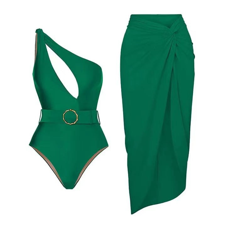 Green Oblique Shoulder One-Piece Suit