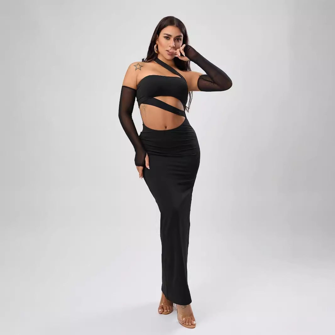 Tight Dress Angora Red Mesh Sexy Halter Wrapped Chest Sheath Dress Autumn