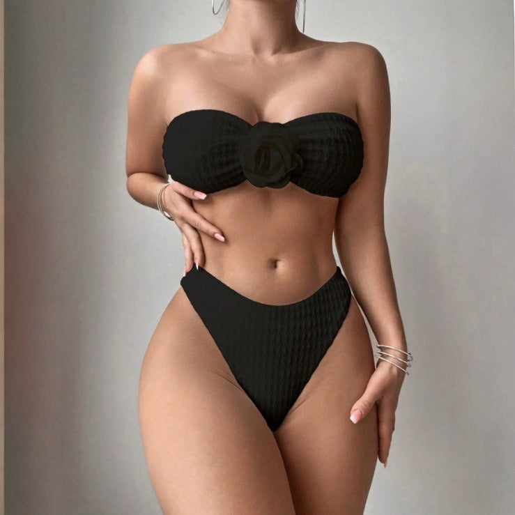Traje de baño de dos piezas con estampado de rayas hundidas y aberturas para mujer