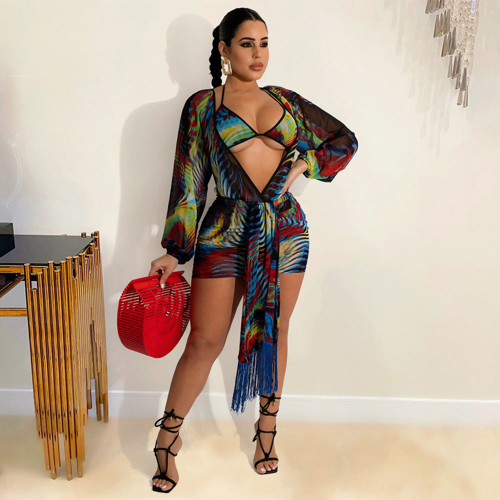 Summer Women Clothing Sexy Mesh See-through Swimsuit Bikini Three-Piece Suit
