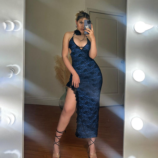 Vestido de verano tipo camisola con encaje sintético y abertura sexy para mujer