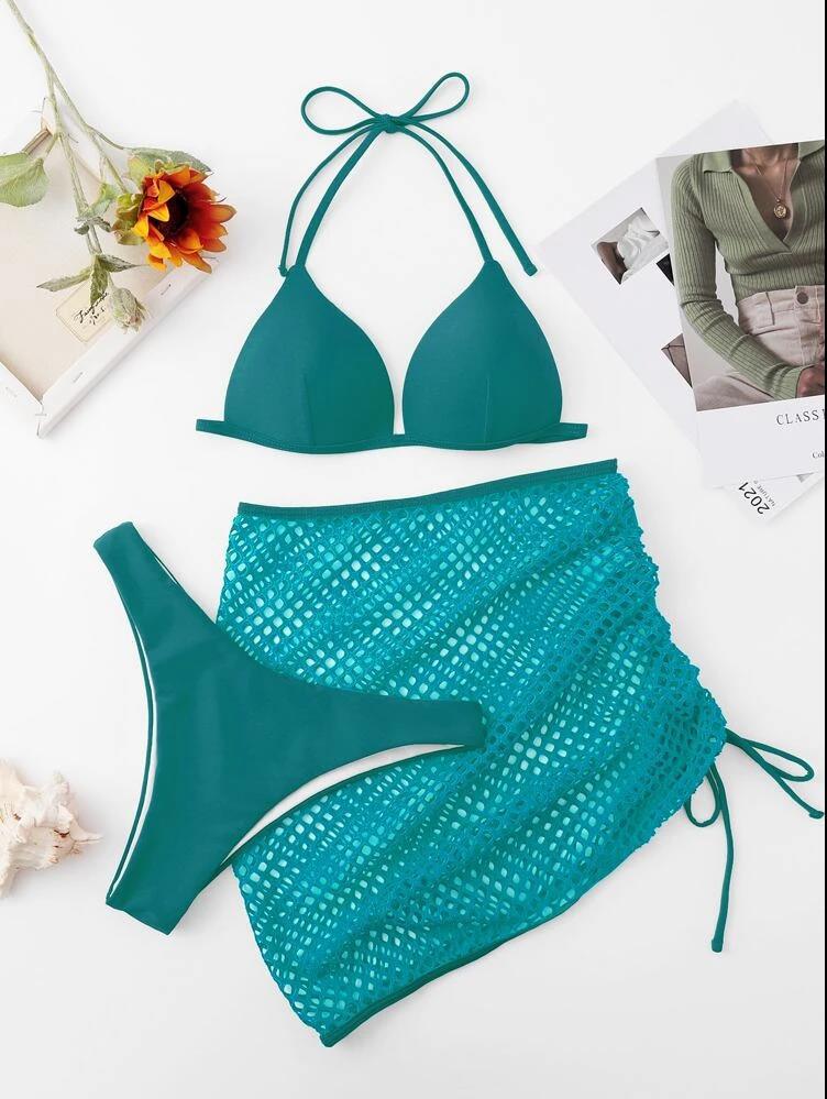 Sexy Solid Color Three-Piece Mesh Women Swimsuit