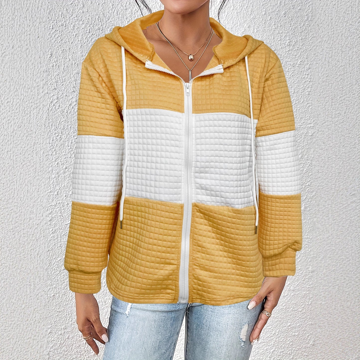 Autumn Winter Women Hoodie Contrast Color Plaid Long Sleeve Casual Hoodies