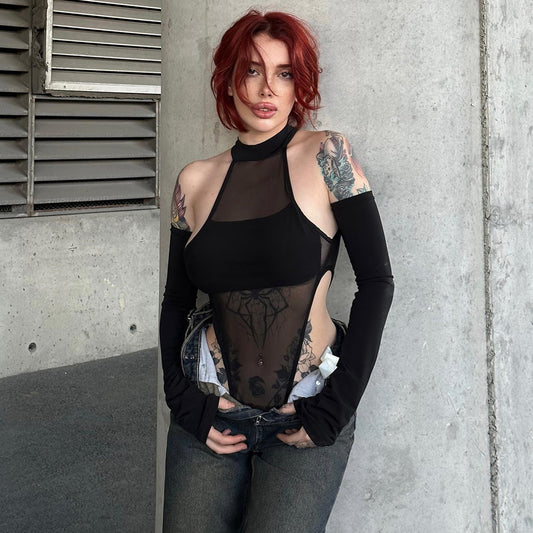 Autumn Winter Sexy Split Long Sleeve Crotch Mesh Hollow Out Cutout High Elastic One Piece Women Top