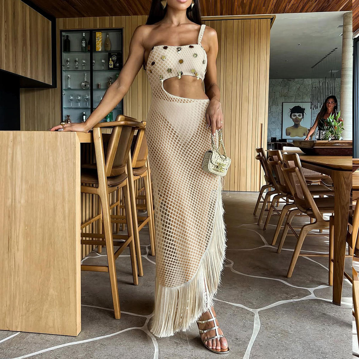 Sexy Hollow Out Cutout Beach Seaside Vacation Dress Solid Color Tassel