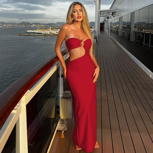 Vestido de verano con decoración de metal y costuras ahuecadas, vestido sexy ajustado con parte superior de tubo para mujer