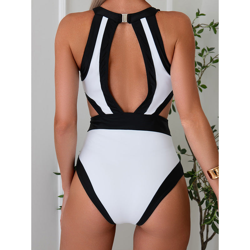 Women Competitive One Piece Black White Contrast Color Swimsuit Sexy One Piece HaoWave