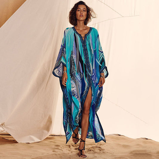 Four Sided Stretch Blue Pattern Beach Cover up Vacation Dress Bikini Swimsuit Blouse Sun Protection Shirt Women