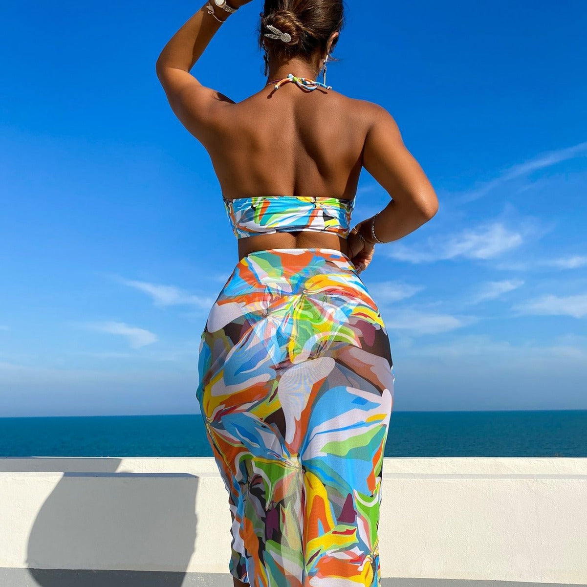 Conjunto de bikini de tres piezas dividido, bikini sexy estampado con cordones y cordón