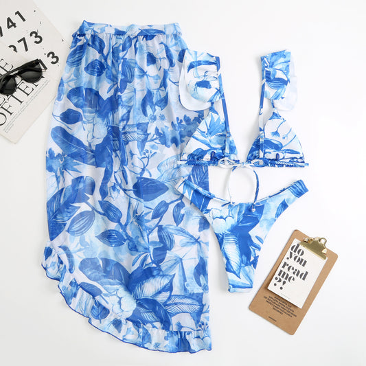 Maillot de bain trois pièces sexy en maille double face pour femme, imprimé, triangle, fendu