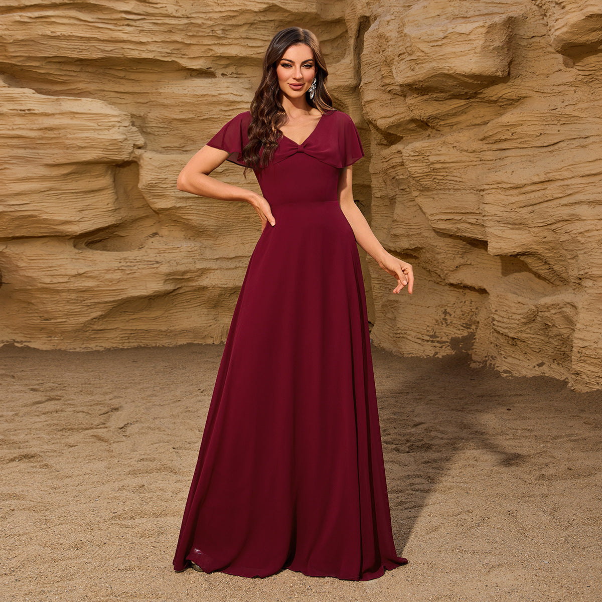 Chiffon V neck Bowknot Shawl Back Zipper a Large Swing Fully Lined Elegant Evening Dress Women