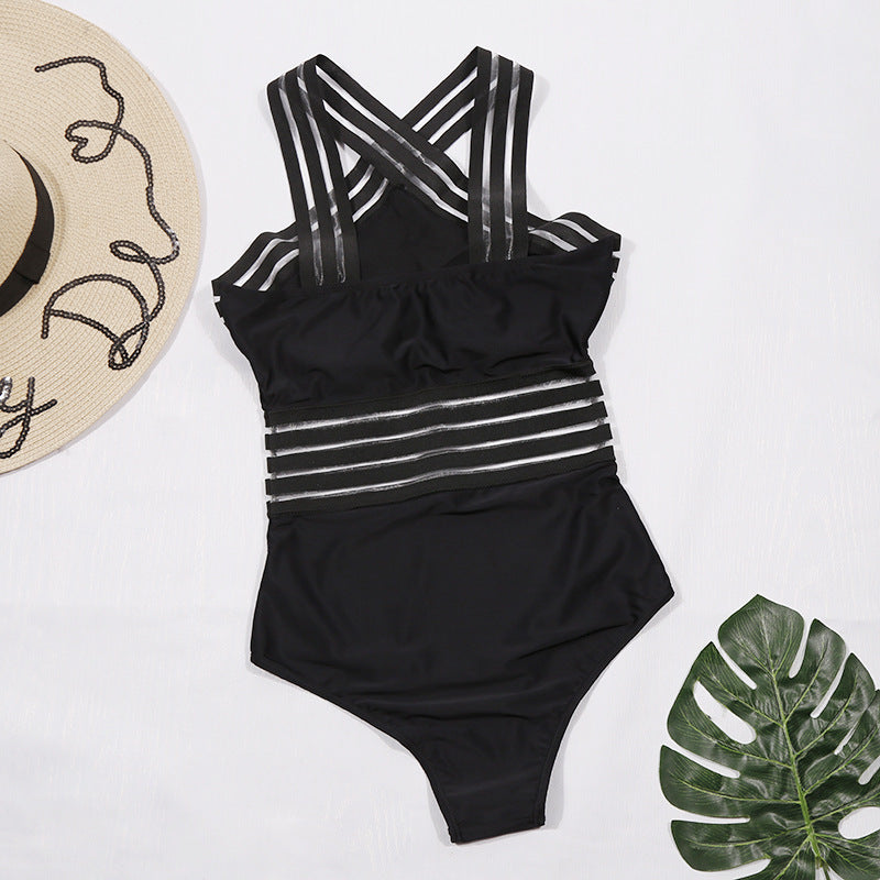 Traje de baño de una pieza ajustado con cuello halter y rayas para playa, color negro, sexy, para mujer