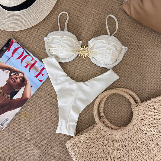 Bikini sexy couleur unie push-up fendu pour femme