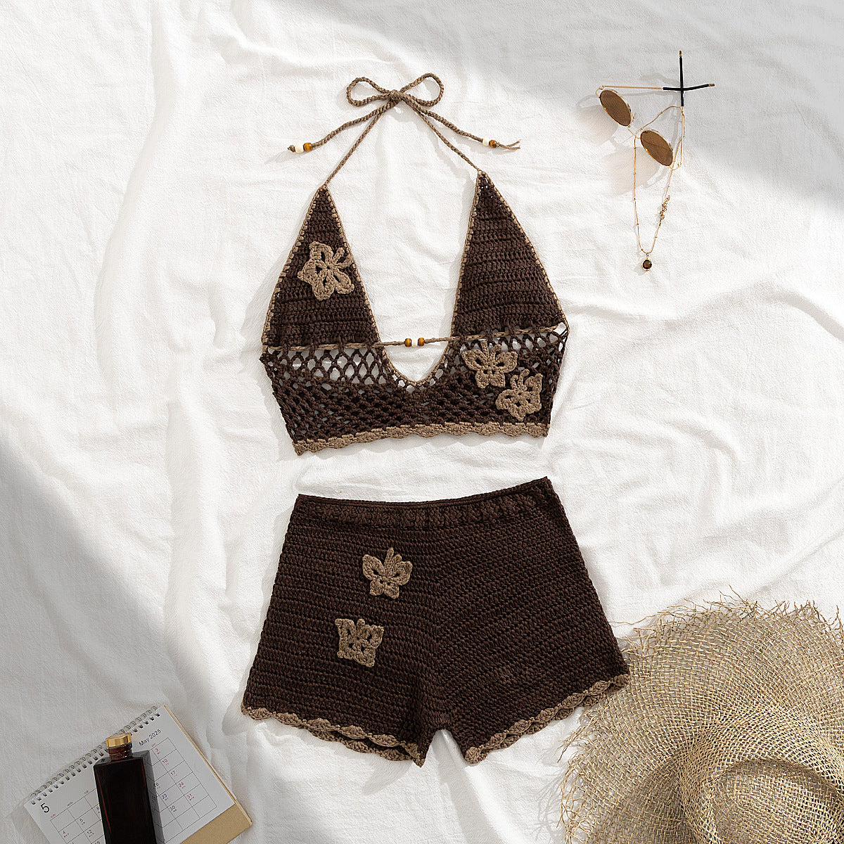 Knitted Lace up Sexy Cutout Split Swimsuit Women High Waist Shorts Bikini Two Piece Sets Thunder
